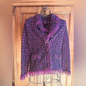 Escada yarn knit purple & black blazer with yarn fringe Size 42P